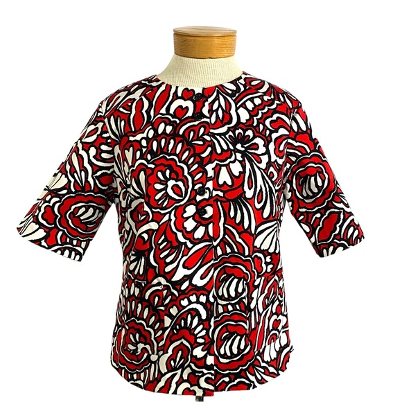 WD•NY Red Black White Floral, Short Sleeve Jacket Sz 10 - Picture 2 of 9